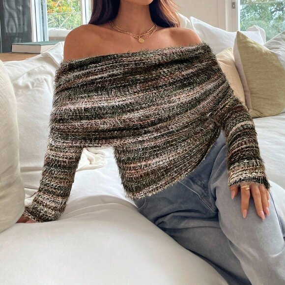 Multicolor Casual Women's Sexy Off Shoulder Ruched Knit T-Shirt - Picture 3 of 7